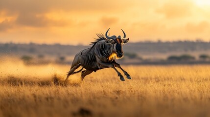 Canvas Print - Wildebeest Running at Sunset