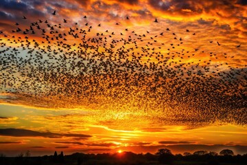 A mesmerizing aerial view of thousands of starlings flocking together, forming a dense, undulating cloud of dark silhouettes against a vibrant orange sunset sky.