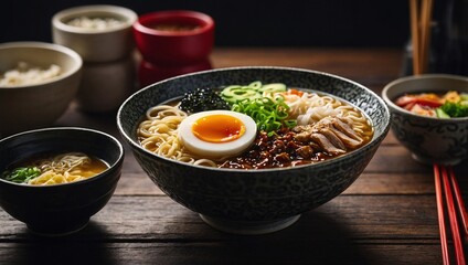 Sticker - Ramen bowl with chopsticks showcasing detailed noodles and toppings.