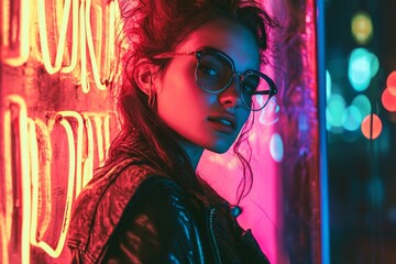 A half-body portrait of a person standing in front of a glowing neon sign, with the light casting intense colors onto their face and clothes. 