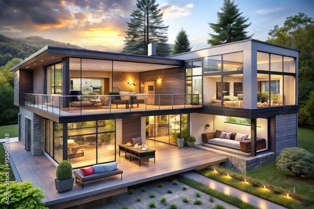 Picture of Architectural illustration of a modern split-level house renovation ...