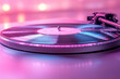 © OBSIMAGES AI  - A close-up of the spinning platter of a vintage turntable with visible grooves of the vinyl, isolated on a pastel lavender background,