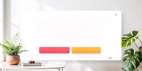 Blank Website Mockup with Colorful Buttons and Minimalist Decor. A clean and modern mockup featuring a blank website screen with two colorful call-to-action buttons. 