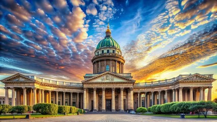 Wall Mural - Majestic Kazan Cathedral in St. Petersburg, Russia, boasts stunning architecture, ornate details, and vibrant colors, set against a serene blue sky with wispy clouds.