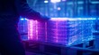 © Paul - A worker wrapping a pallet with shrink wrap under blue and purple neon lights, surrounded by sleek, minimalistic machinery in a modern industrial setting. Futuristic, Digital art.--style raw