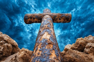 A dramatic view of a rustic wooden cross against a vibrant blue sky, symbolizing faith and hope.