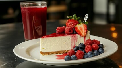 A slice of cheesecake topped with fresh fruit and a glass of juice.