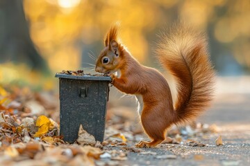 Poster - Red Squirrel Reaching Into Black Pot with Autumn Leaves