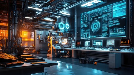 Wall Mural - Futuristic High-Tech Industrial Control Room with Advanced Monitoring Systems