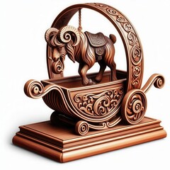 Intricate wooden sculpture of a ram in a decorative cart, symbolizing craftsmanship and artistic tradition. Perfect for showcasing unique artistry in design or decor.