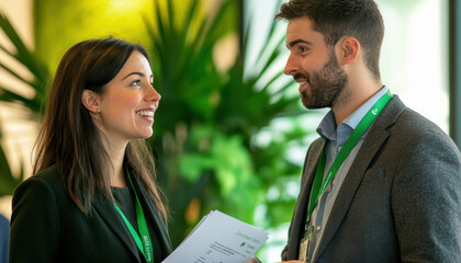 Wall Mural - Professional converses colleague during corporate networking event, sharing insights forming valuable connections. Event atmosphere highlights Green concept.