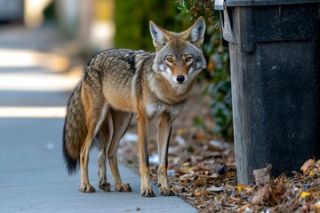 Wall Mural - Coyote Standing by a Trash Can in a Suburban Setting