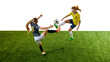 © Lustre Art Group  - Young athletic women, mid-20s, soccer players, competing intensely on green turf, vying for ball control on green football field against white studio background. Concept of sport, tournament, event.