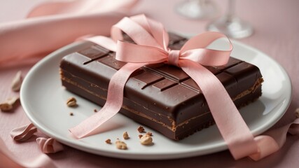 chocolate bar wrapped with light pink ribbon on white plate.