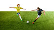 © Lustre Art Group  - Two young women, intense soccer players, airborne and in action on green field, each trying to outmaneuver other for ball control. Concept of sport, competition, tournament, games, event.