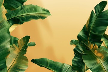 Wall Mural - Flat lay frame with colorful banana leaves  on the yellow background with ample copy space image. isolated pastel backdrop. colorful desktop wallpaper with banana leaves