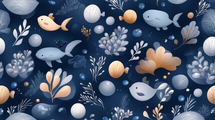 A whimsical underwater pattern featuring colorful fish, seaweed, and bubbles on a deep blue background, perfect for aquatic themes.