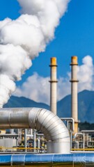 industrial piping and chimneys against a blue sky with puffy clouds - manufacturing, production, energy, infrastructure, technology