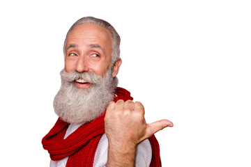 Poster - Close up photo of fancy retired pensioner pointing at ads wearing white pullover isolated over red background