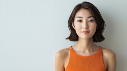 a japanese woman in an orange tank top poses for a photograph, set against a white background in a s