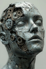 Aufkleber - A human head with the top half lifting off to reveal a complex network of gears and cogs spinning in motion, isolated on a pastel gray background,