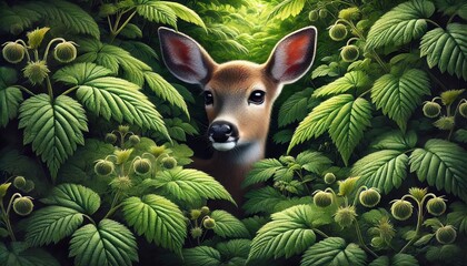 Wall Mural - A young deer peeking out from within a lush, dense forest