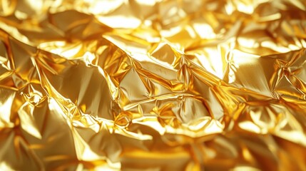 Abstract gold foil texture with crinkled surface, shimmering with light reflections, perfect for elegant backgrounds