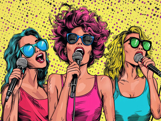 Three women singing with microphones and sunglasses on