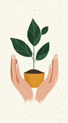 Two hands gently cradle a small potted plant, symbolizing growth and care, on a minimalist white background with subtle speckles.