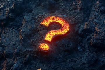 A question mark icon carved out of glowing lava, with the fiery light casting an intense glow against a dark rocky surface.