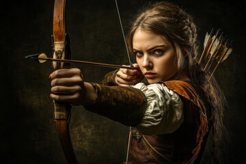 Focused young female archer aiming an arrow ahead.