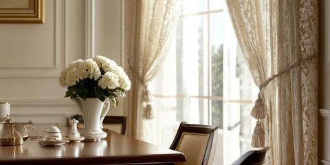 Sticker - Formal dining room with white flowers, tea set, and window