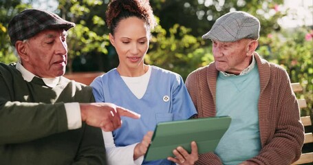 Poster - Senior, men or caregiver with tablet outdoor for medical advisory, healthcare information or retirement plan. Elderly, people or nurse with digital app on bench in nursing home for talking or support