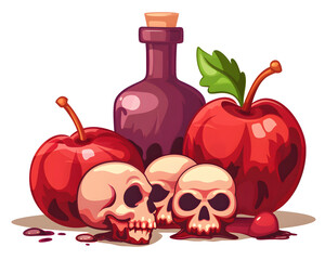 Forbidden Fruit: A sinister still life featuring two crimson apples, a bottle of dark liquid, and two human skulls dripping with blood.  An unsettling image that evokes themes of temptation, danger, a