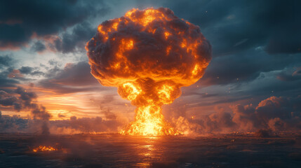 Poster - A detailed depiction of a massive atomic mushroom cloud rising over a desolate landscape, with a bright core and dark, billowing smoke, isolated on a soft pastel gray background,
