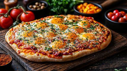 Delicious Homemade Pizza Topped with Eggs, Herbs, and Cheese on Wooden Board, Surrounded by Fresh Ingredients