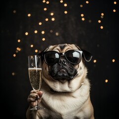 Cool Pug in Sunglasses Sipping Champagne: Stylish Pet Party Concept for New Year 2025. AI-Generated Creative Illustration for Pet Websites, Postcards, NFT Art, and Marketing Campaigns. Trendy 4K Wallp