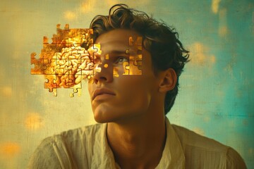 Canvas Print - Social neural networks Brain circuit Young man with glowing neural networks overlaying his face symbolizing the connection between intellect and technology in a warm intellectual environment