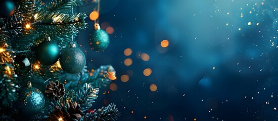 Wall Mural - Christmas tree with decorations on a dark blue background with bokeh lights and a banner template.