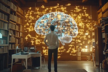 Poster - Affective empathy Information retention Man in a library with a glowing brain hologram symbolizing the illumination of knowledge and the pursuit of intellectual growth in an academic environment