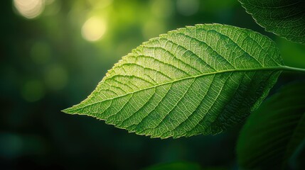 Wall Mural - Close-up of a vibrant green leaf with sunlight creating a backlight effect, highlighting the leaf texture