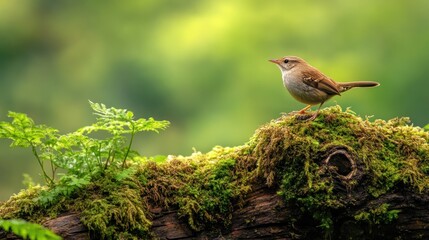 Poster - Tiny Bird Perched on a Mossy Log