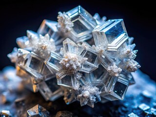 Crystal formations of sodium sulfate, a naturally occurring mineral compound, glisten against a dark background, showcasing its transparent and geometric structures in high definition.