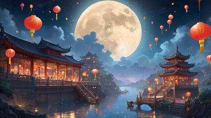 Sticker - chinese lanterns at night, ai generated