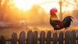 © sarun - A rooster crowing at sunrise, perched on a wooden fence, with the morning sun casting a warm glow.