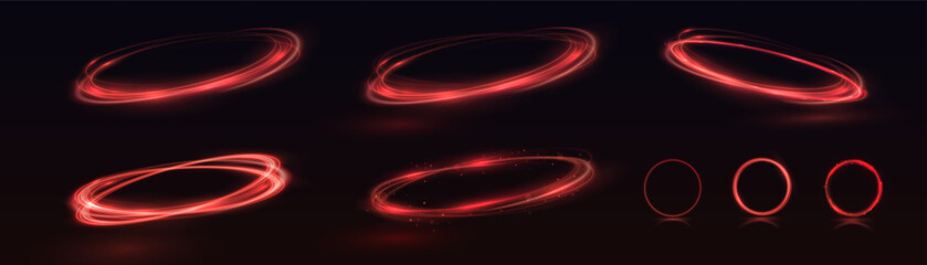 Wall Mural - Light red Twirl. Red line curve light effect. Glowing red circle. Red light trail, vortex, wave speed, trace line twirl pedestal, podium, platform, table. Vector.