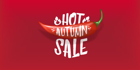 Wall Mural - Super Big Hot Autumn sale horizontal banner with red chili cayenne pepper isolated on red background. Vector 3d horizontal seasonal Autumn hot sale poster, flyer, banner, tag and background.