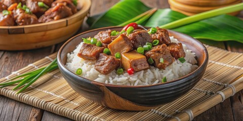 Cute  of Filipino pork adobo with rice, perfect for food bloggers and social media posts, Filipino cuisine, pork adobo