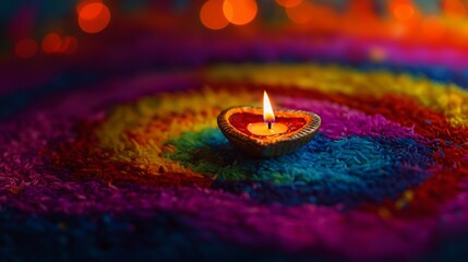 Wall Mural - Diwali diya on colorful rangoli, traditional Indian festival decoration, cultural art, celebration of light, festive creativity