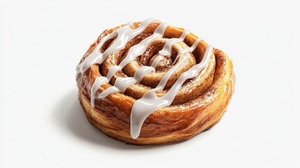 A detailed 3D render of a freshly baked cinnamon roll with icing drizzled on top, isolated on a transparent background